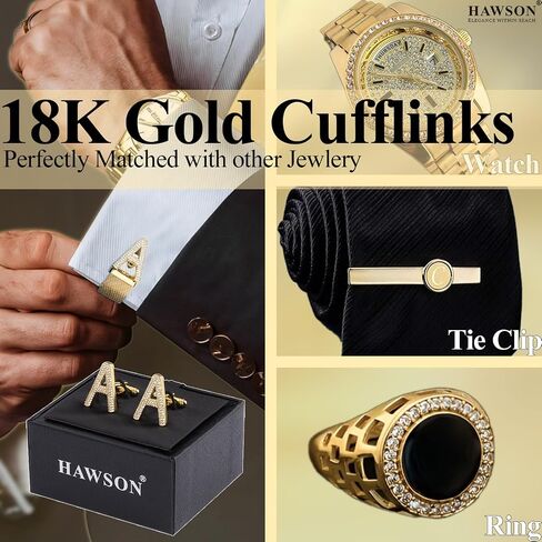 أزرار أزرار أزرار Hawson Mens مع سلسلة ، وروابط الكفة الأولية A -Z لزوج Groom زوج الأب - الذهب 18K in Saudi Arabia