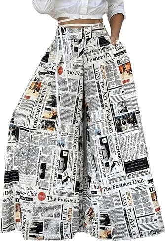 WDIRARA Women's Newspaper Print Palazzo Pants Elastic Waist Loose Funky Letter Print Wide Leg Pants in Saudi Arabia