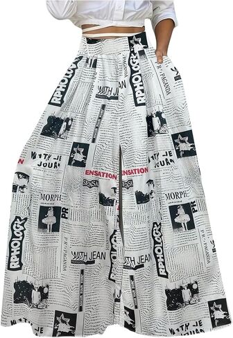 WDIRARA Women's Newspaper Print Palazzo Pants Elastic Waist Loose Funky Letter Print Wide Leg Pants in Saudi Arabia