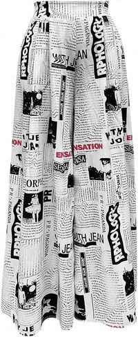 WDIRARA Women's Newspaper Print Palazzo Pants Elastic Waist Loose Funky Letter Print Wide Leg Pants in Saudi Arabia