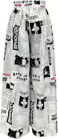 WDIRARA Women's Newspaper Print Palazzo Pants Elastic Waist Loose Funky Letter Print Wide Leg Pants in Saudi Arabia
