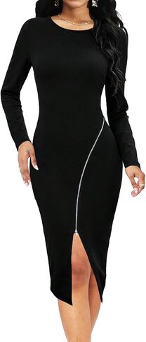 Yiershu Women Casual Half Zip Crewneck Decoration Long Sleeve Dress Pullover Midi Dress in Kuwait