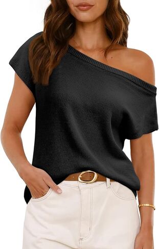 Saodimallsu Womens Off One Shoulder Sweater Tops Summer Short Sleeve Casual Loose Knit Trendy Going Out Tops in Saudi Arabia