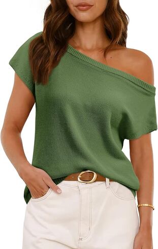 Saodimallsu Womens Off One Shoulder Sweater Tops Summer Short Sleeve Casual Loose Knit Trendy Going Out Tops in Saudi Arabia