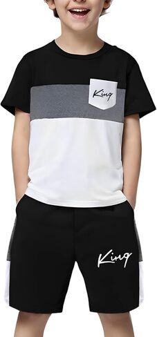 Size 6-12 Years Boys Summer Outfits Set Kids Short Sleeve Top T-Shirt & Shorts Color Block Clothing Sets in Saudi Arabia