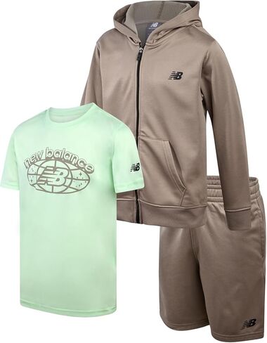 بدلة رياضية للأولاد من New Balance - كنزة صوفية صوفية مكونة من 3 قطع، شورت رياضي، تي شيرت - مجموعة شورتات رياضية للأولاد (8-12) in Saudi Arabia