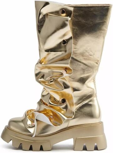 Atuelang Women's Slouchy Fold Over Platform Boots Mid Calf Pull On Fashion Snap Button Boots in Saudi Arabia