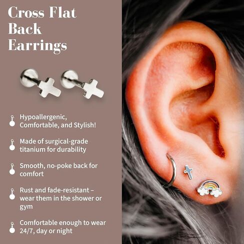 Flat Back Earrings | Hypoallergenic Stud Earrings for Women | Flatback, No-Poke Design | Implant-Grade Titanium Made | Lobe & Cartilage Earrings for Women | Gold & Silver in Saudi Arabia