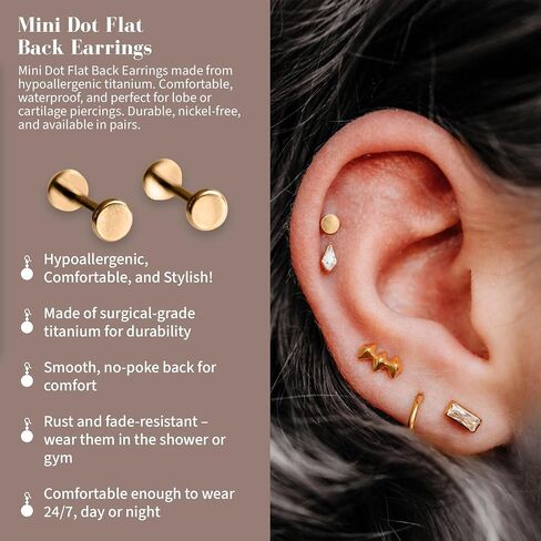 Flat Back Earrings | Hypoallergenic Stud Earrings for Women | Flatback, No-Poke Design | Implant-Grade Titanium Made | Lobe & Cartilage Earrings for Women | Gold & Silver in Saudi Arabia
