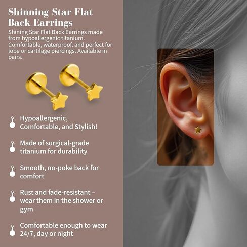 أقراط الظهر المسطحة | أقراط مسمار hypoallergenic للنساء | Flatback ، تصميم بدون طيار | التيتانيوم من الدرجة الزرع صنع | الفص والغضاريف أقراط للنساء | الذهب والفضة in Saudi Arabia