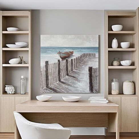 RICHSPACE ARTS Beach Scene Serene Wall Art Coastal Paintings for Bathroom Large Boat by Boardwalk Seaside Pictures in Saudi Arabia