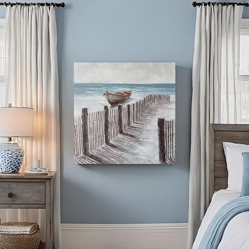 RICHSPACE ARTS Beach Scene Serene Wall Art Coastal Paintings for Bathroom Large Boat by Boardwalk Seaside Pictures in Saudi Arabia