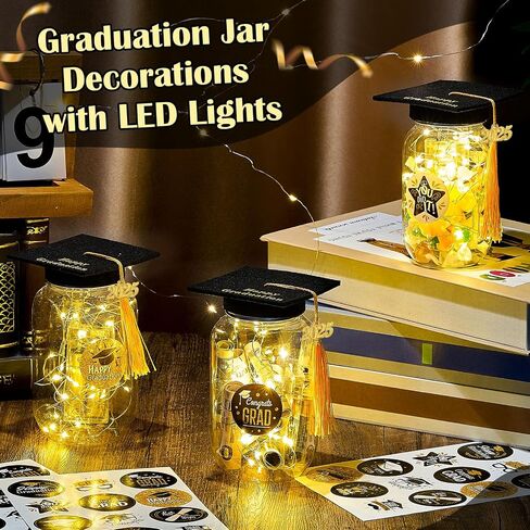 12 Sets Class of 2025 Graduation Table Decor Set with LED Light up Graduation Plastic Round Jars Table Centerpieces Felt Grad Hats and Stickers for High School and College Party Supplies(Purple) in Saudi Arabia