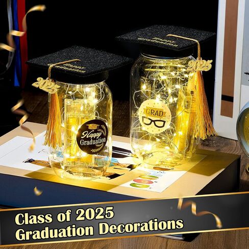 12 Sets Class of 2025 Graduation Table Decor Set with LED Light up Graduation Plastic Round Jars Table Centerpieces Felt Grad Hats and Stickers for High School and College Party Supplies(Purple) in Saudi Arabia