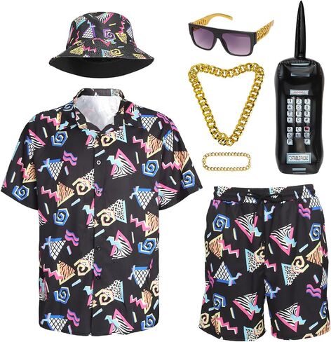 80s 90s Outfit for Men, Retro Hawaiian Shirts and Shorts Set,Hip Hop Sportswear 7Pcsfor Disco Party in Kuwait