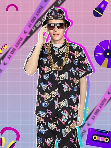 80s 90s Outfit for Men, Retro Hawaiian Shirts and Shorts Set,Hip Hop Sportswear 7Pcsfor Disco Party in Kuwait