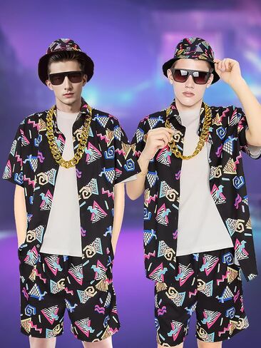80s 90s Outfit for Men, Retro Hawaiian Shirts and Shorts Set,Hip Hop Sportswear 7Pcsfor Disco Party in Kuwait