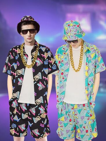 80s 90s Outfit for Men, Retro Hawaiian Shirts and Shorts Set,Hip Hop Sportswear 7Pcsfor Disco Party in Kuwait