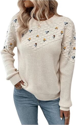 GORGLITTER Women's Fall Crochet Sweaters Lightweight Floral Long Sleeve Embroidered Knit Flower Cute Sweater Tops in Saudi Arabia