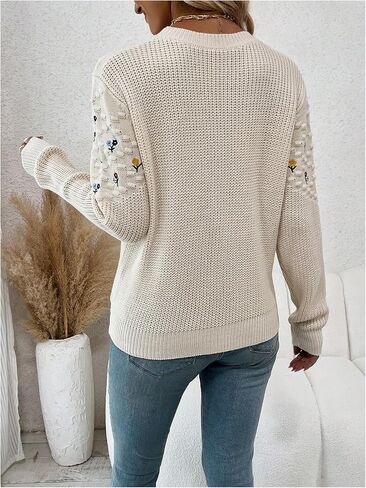 GORGLITTER Women's Fall Crochet Sweaters Lightweight Floral Long Sleeve Embroidered Knit Flower Cute Sweater Tops in Saudi Arabia