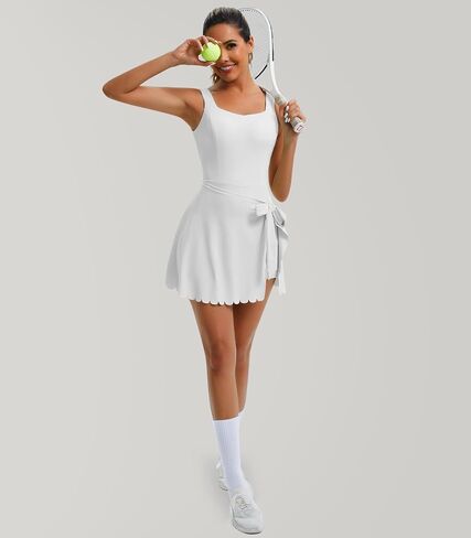 Women's Square Neck Tennis Dress Built-in Bra and Shorts Athletic Summer Sleeveless Dress with Pockets in Saudi Arabia