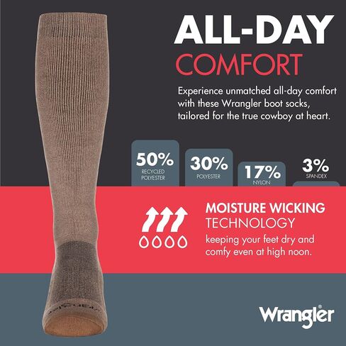 Wrangler Ryder Western Cowboy Boot Socks for Men - Over Calf, Cushioned Sole, Moisture-Wicking, Durable Design in Saudi Arabia