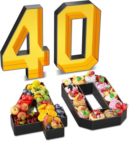 Paready 13.78'' Fillable Cardboard Number 40 for Charcuterie, Gold Black Number 40 Tray, Food Fillable Number 40 Box Flower Candy Cupcakes Container for 40th Anniversary Birthday Party Decoration in Kuwait