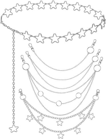 Chain Belt, 5 Pcs Waist Chain Belt Jeans Pants Chain Wallet Chain Pocket Silver Chain Belt Y2K Goth Accessories Punk Dress Body Belly Chain for Women Men in Kuwait