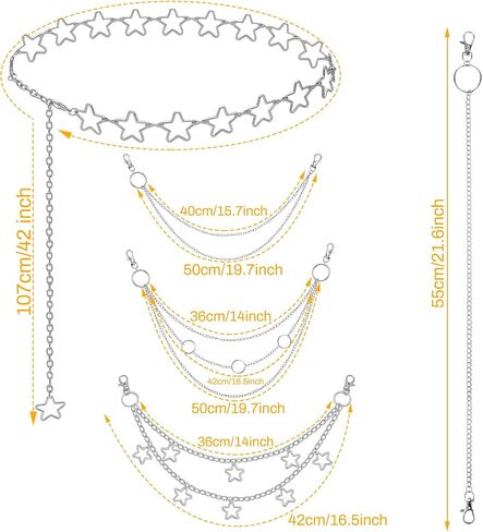 Chain Belt, 5 Pcs Waist Chain Belt Jeans Pants Chain Wallet Chain Pocket Silver Chain Belt Y2K Goth Accessories Punk Dress Body Belly Chain for Women Men in Kuwait