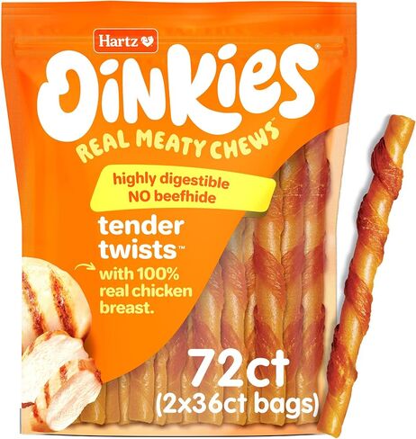 Hartz Oinkies Rawhide-Free Tender Twists Wrapped with Chicken Dog Treats Chews, 36 Count, Highly Digestible, No Artificial Flavors, Perfect for Smaller and Senior Dogs in Kuwait