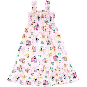 Bluey Girls Square Neck Smocked Maxi Dress Toddler to Big Kid Sizes (2T - 10-12)