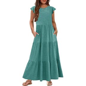 Hosika Girls Summer Summer Shuper Shulle Sleeve Crewneck Aline Tiered Tiered Beach Maxi Sundress مع جيوب من 6 إلى 12 سنة