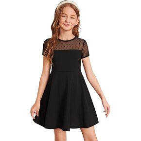 SOLY HUX Girl's Contrast Mesh Short Sleeve High Waist Flared A Line Short Dress