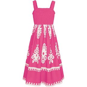 GRACE KARIN Girls Summer Boho Dresses Square Neck Smocked Sundresses Casual Sleeveless Maxi Dress for Girls 5-12Y