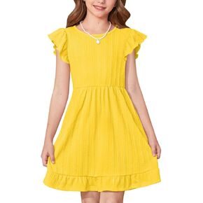 BesserBay Girls Crew Neck Ruffle Flutter Sleeve Midi Dress Knit Elastic Waist Ruffle Hem Swing Dress with Pockets 5-14 Years