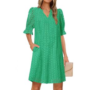 MEROKEETY Women's 2025 Summer Short Sleeve Mini Dress V Neck Ruffle Hollow Out Eyelet Lace Dresses