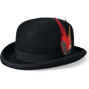 Mens Bowler Hat 100% Wool Black Womens Derby Hats with Feather Costume Hats Short Brim Felt Fedora Hat Dress Up