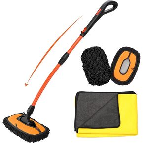 Car Wash Brush with Long Handle, 47" Car Wash Mop with Grip Handle, 2 Replaceable Microfiber Mop Heads and 1 24*63" Car Cleaning Towel for Car Washing, Truck, SUV, Boat, RV Roof