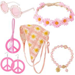 6 PCS Hippie Costume Accessories Set Boho Daisy Flower Headbands Peace Sign Earring Necklace Sunglasses for Halloween Groovy Party Pink