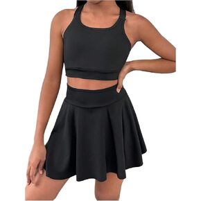 Girl's Workout Solid Color Tank and High Waisted Skorts Set Athletic Sports Running Skirt with Pockets