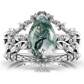 مجموعة خواتم الفضة الطبيعية الطبيعية - أوراق Art Deco Hexagon/Pear Moss Engagement Breats Wedding Rings - مجموعة خاتم زفاف فريدة من نوعها للنساء