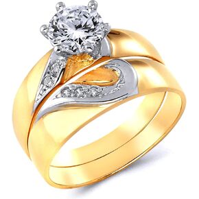 14k Two Tone Gold SOLID Engagement Ring and Wedding Band 2 Piece Set - Size 7