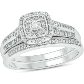1/3cttw Diamond Square Halo Engagement Ring with Matching Diamond Wedding Band for Women in 925 Sterling Silver, Women's Silver Square Wedding Ring Set with Halo and Diamond Accented Bands