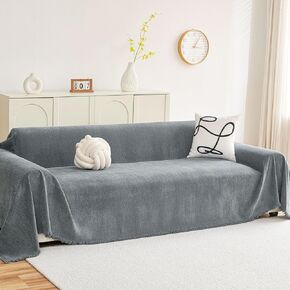 hyha Couch Cover for Dogs, Boho Sofa Covers for 3 Cushion Couch Washable, Chenille Sofa Slipcover for Pets, Soft Loveseat Sectional Couch Throw Blankets with Tassels (Grey, 71x118 Inch)