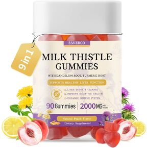 Milk Thistle Gummies with 2000MG Extract, Liver Health Support Gummies, Silymarin Milk Thistle Supplement with Artichoke, Dandelion, Turmeric Curcumin, No Sugar, for Adults, Vegan, 90 Count