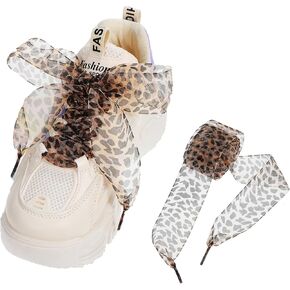 2Pcs Leopard Shoe Laces, Wide 4CM Flat Shoelaces Soft Silk Satin Ribbon Shoelaces Sports Shoes Casual Shoes Replacement laces Fashion Shoe Decors for Adults Kids