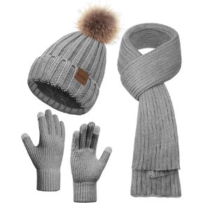Winter Hats for Women Beanie Hat Scarf Set Warm Touchscreen Gloves Knitted Long Scarfs Beanie with Pom Gifts