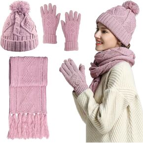 Hat Gloves Scarf Set Women Winter Knit Beanie Hat+Touchscreen Gloves+Long Scarve 3 in 1 Set Gift for Women Girls