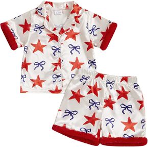 Toddler Girl 4th Of July Pajamas Cute Flag Short Sleeves Button Down Shirt Top Elastic Shorts Sleepwear