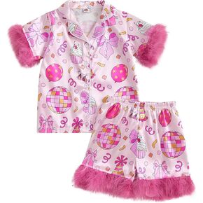 Hekkomird Toddler Girl Summer Pajamas Set Bow Print Lapel Short Sleeve Button Down Shirt Elastic Shorts Kids Pjs Sleepwear